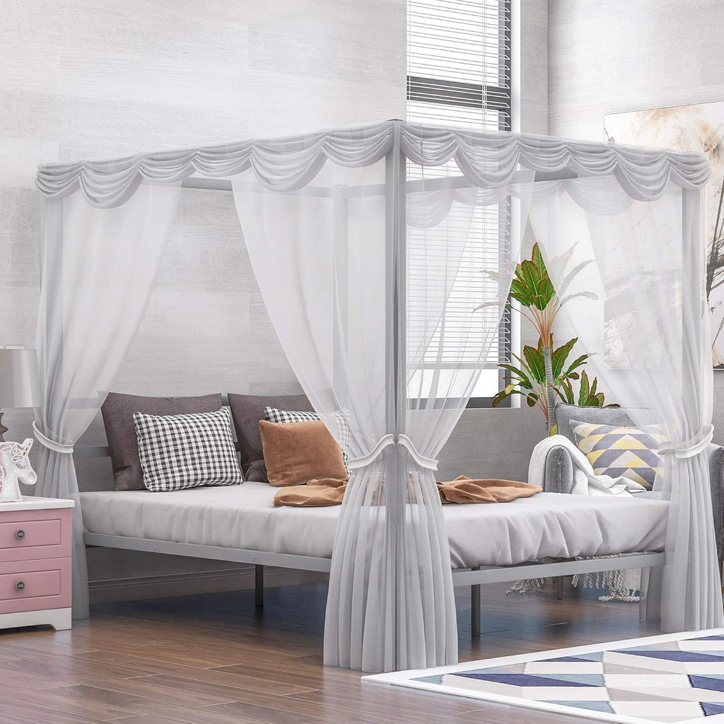 Queen Size Metal Canopy Bed Frame with Built-in Headboard D447962