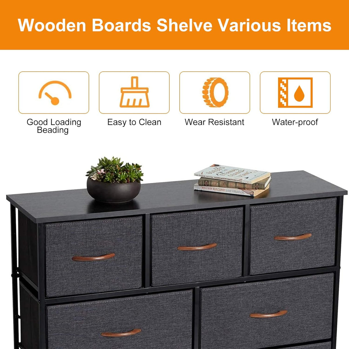 Grey 9 Drawer Dresser with Steel Frame and Wooden Top M524