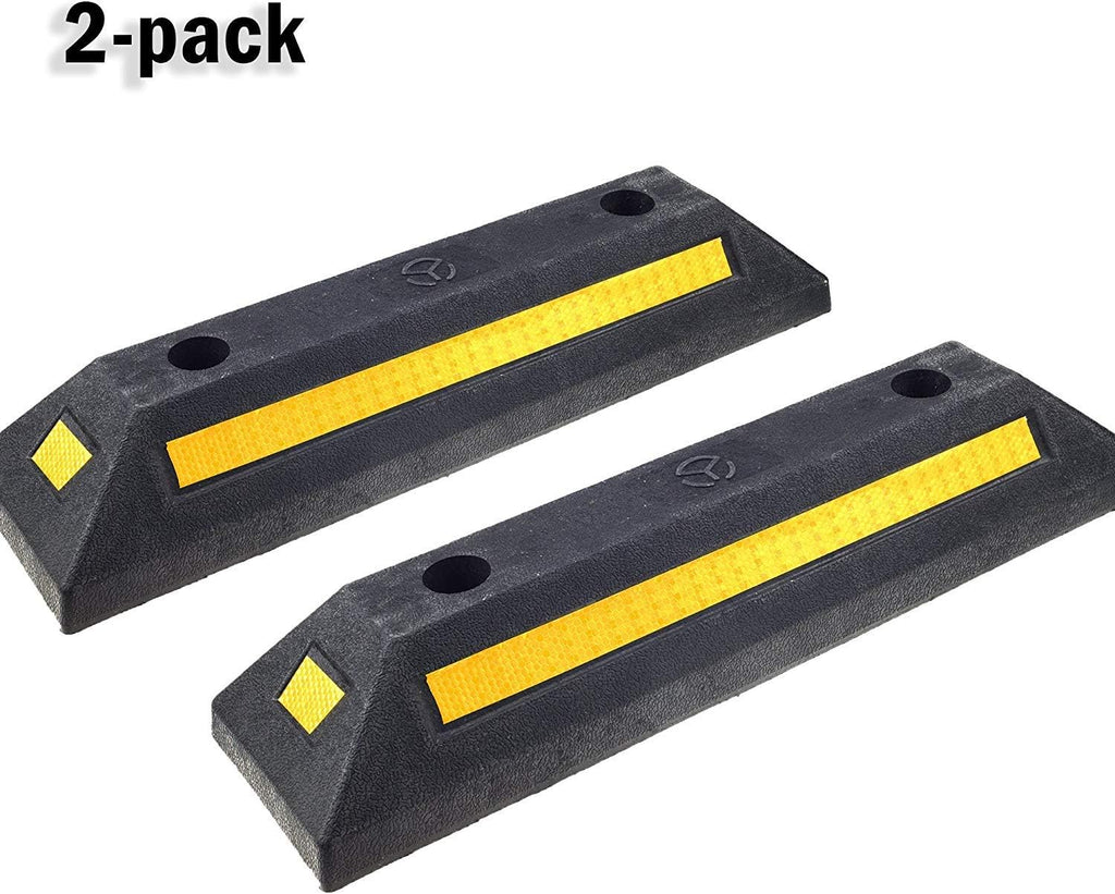 Black Heavy Duty Rubber Parking Blocks with Yellow Reflective Stripes, 2 Pack L3048