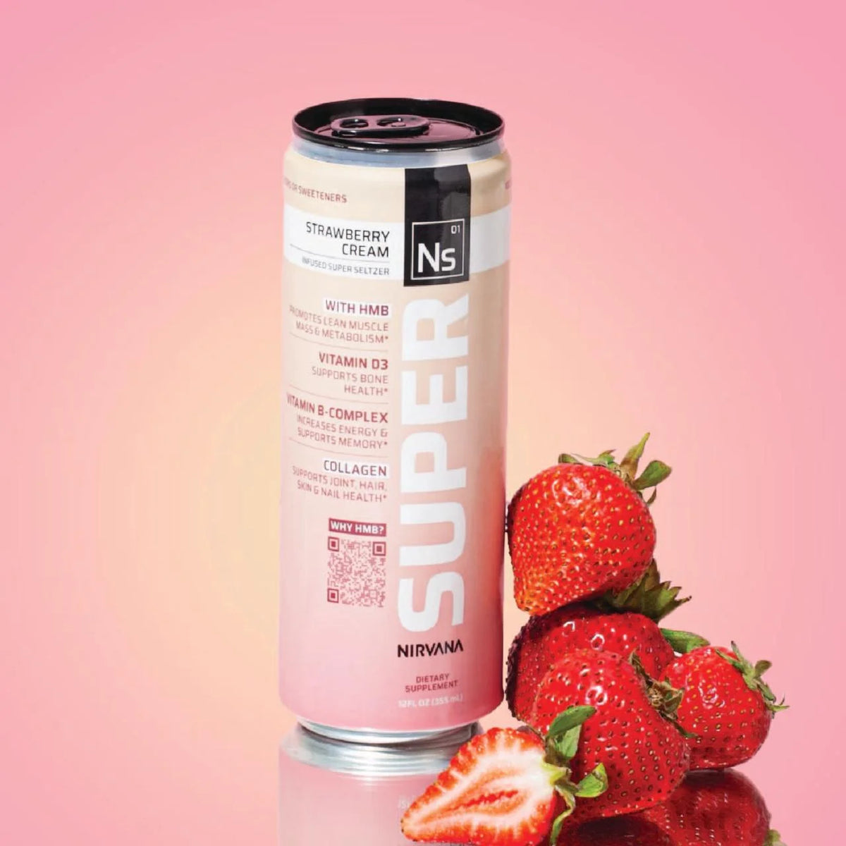 Strawberry Cream HMB-infused Seltzer with Vitamin D3, B-Complex, Caffeine, and Collagen (12 fl oz cans) S9246