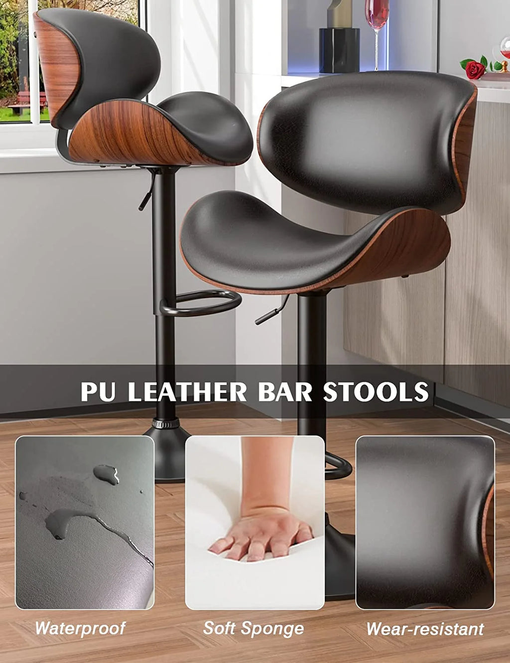 Swivel Bar Stools Set of 2, Adjustable PU Leather with Back and Footrest L19055