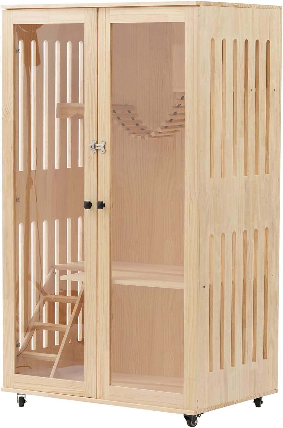 Large Wooden Cat Cage with LED Light & 4 Wheels (150CM) O95080