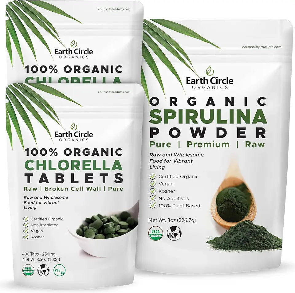 Chlorella 400 Tablets and Spirulina Powder 8 oz Vegan Superfood Supplement A674143