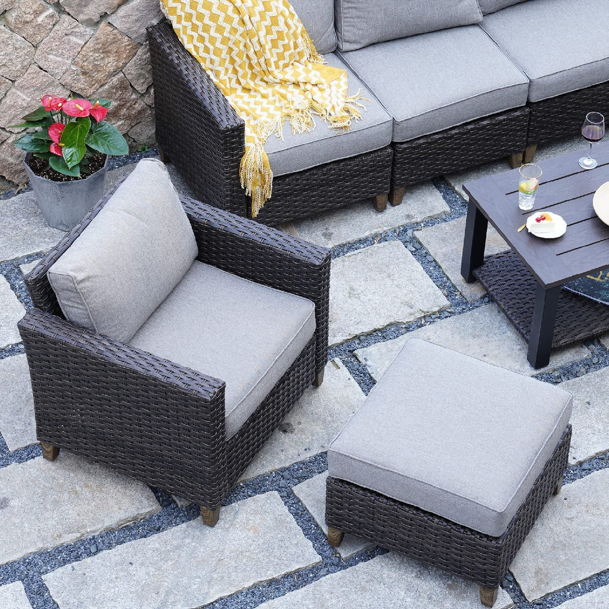 Patio Wicker Sectional Sofa with Thick Cushions and Steel Frame N1685