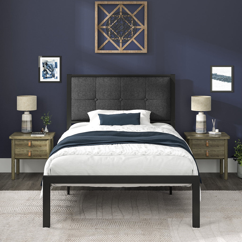 Twin Metal Platform Bed with Tufted Headboard and Under-Bed Storage, Grey V478