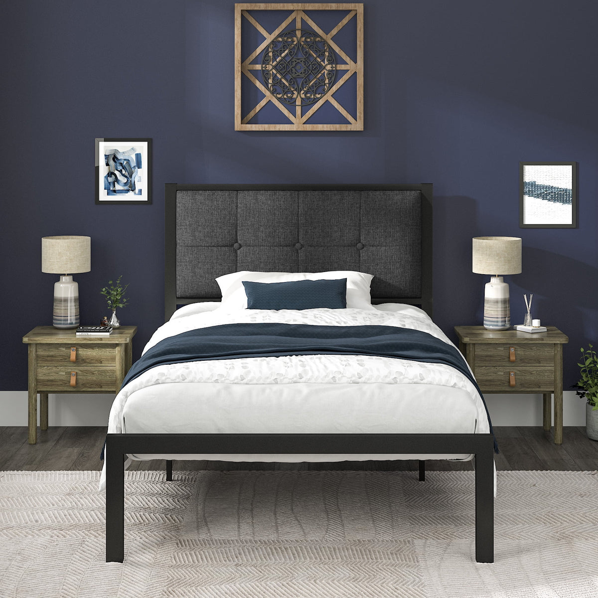Twin Metal Platform Bed with Tufted Headboard and Under-Bed Storage, Grey V478