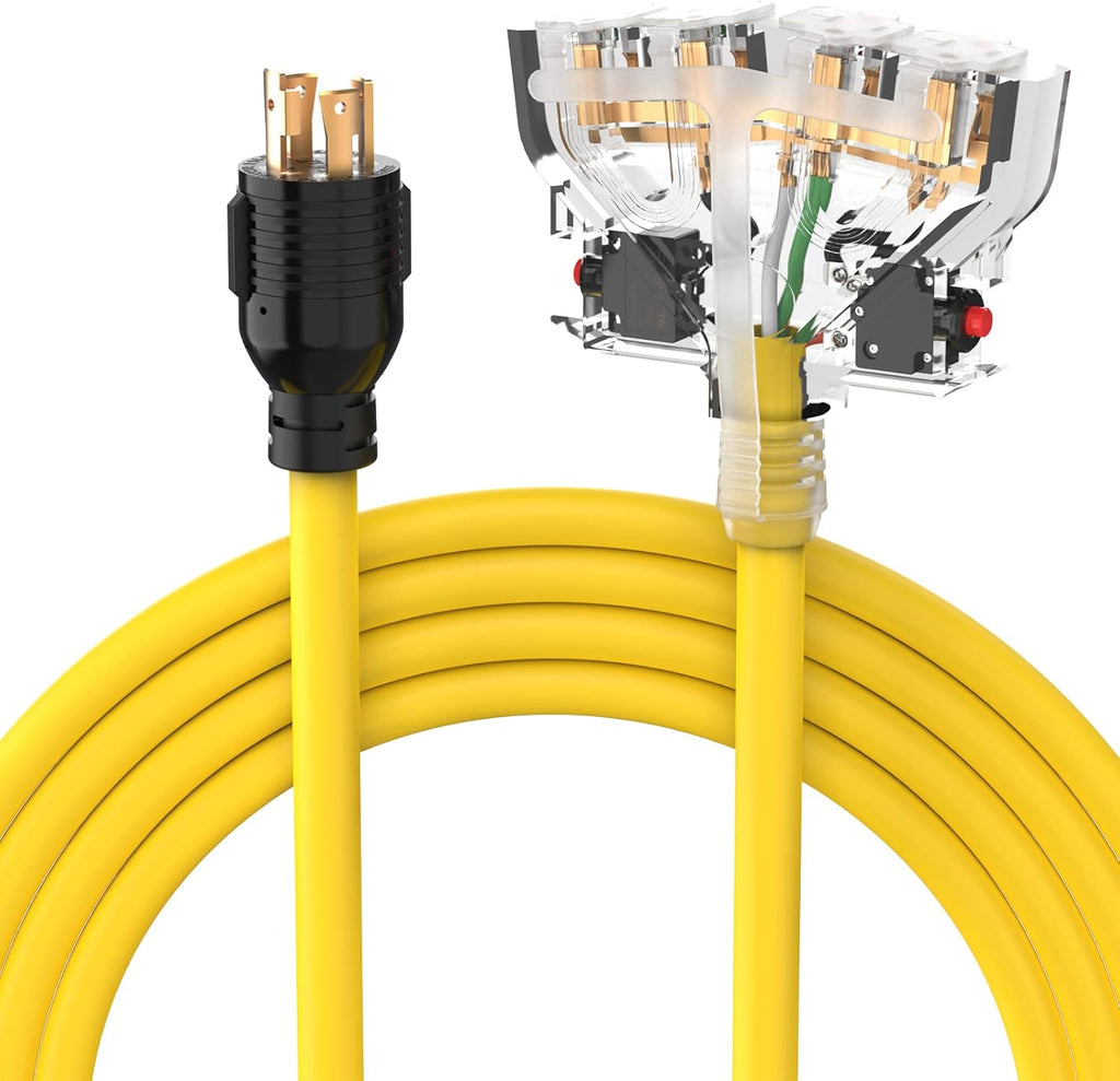 NEMA L14-30P to Four 5-20R 30A 125/250 Volt 7000 Watts 4 Prong 10 Gauge Flat Generator Cable with Protector Breaker Pack of 2 Z4452