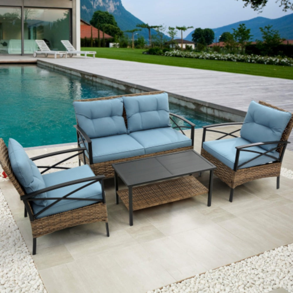 4 Piece Rattan Wicker Outdoor Corner Sofa Set with Cushion M120