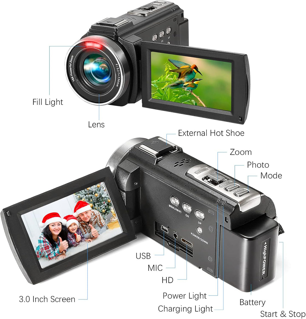 Camcorder 1080P Video Camera 36MP 3.0 Inch IPS Touch Screen IR Night Vision 16X Digital Zoom with External Microphone Handheld Stabilizer Remote Control T53274
