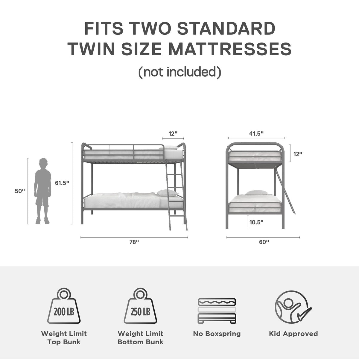Twin over Twin Metal Bunk Bed with Ladder S6591