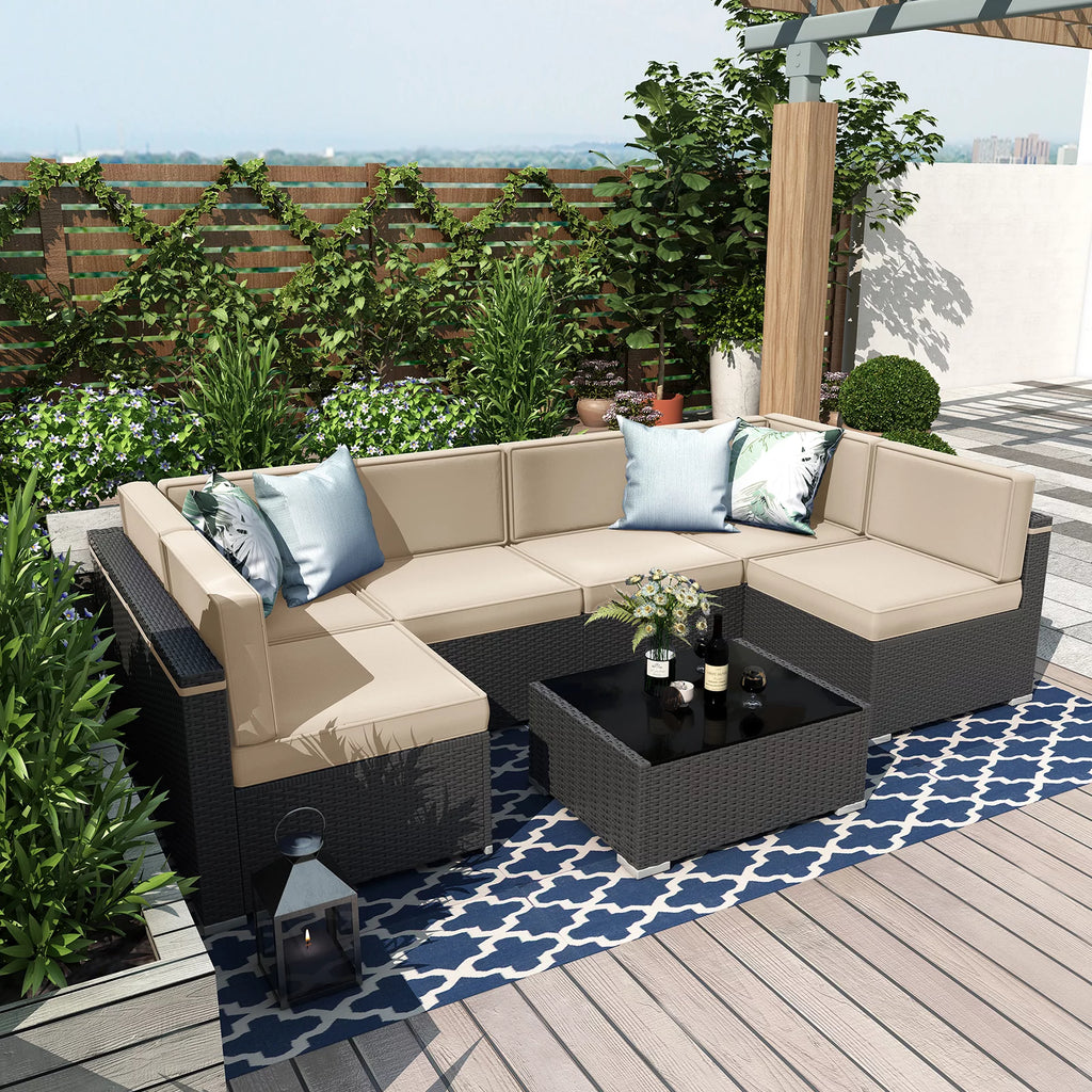7 Piece Wicker Rattan Patio Furniture Set with Cushion and Glass Table I94718