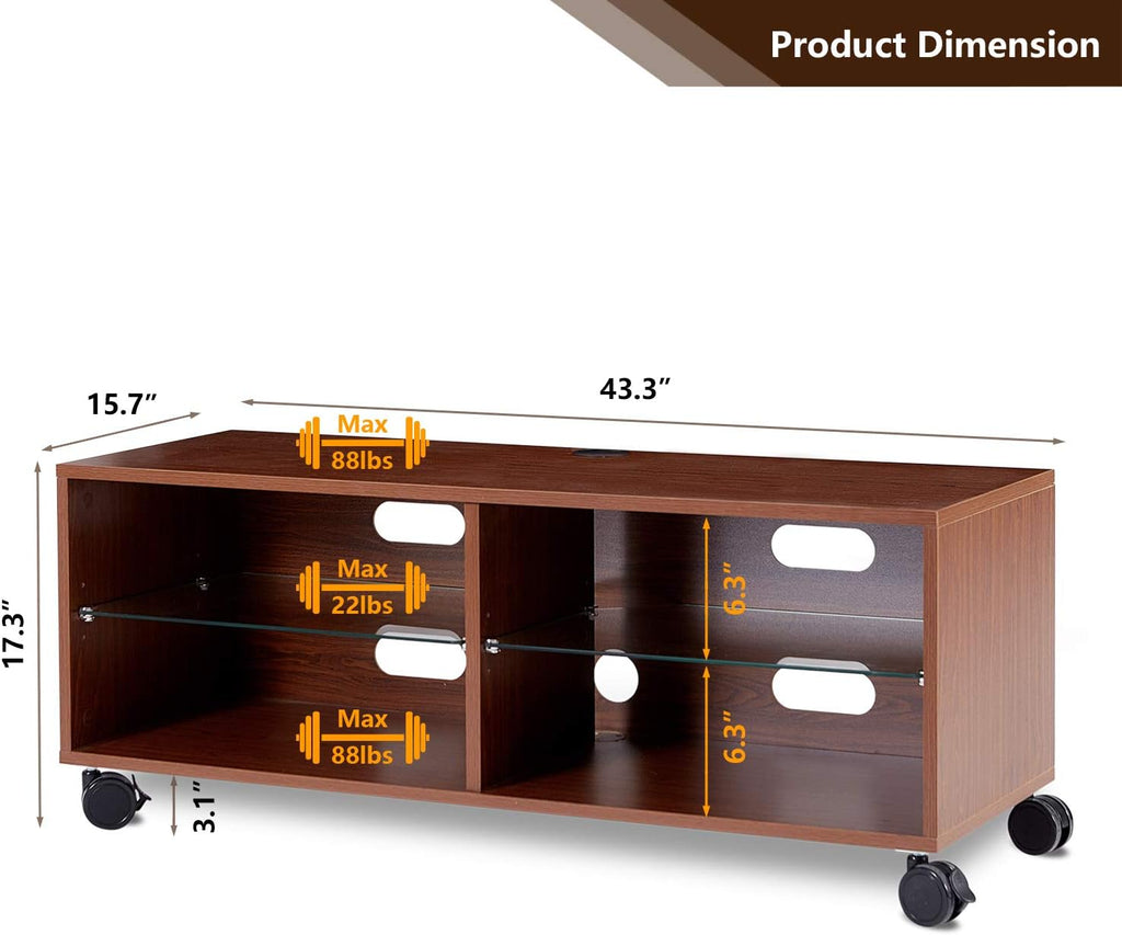 Rolling Wood Corner TV Console Stand with Wheels and Cabinets for up to 60 inch TVs, Walnut M38717
