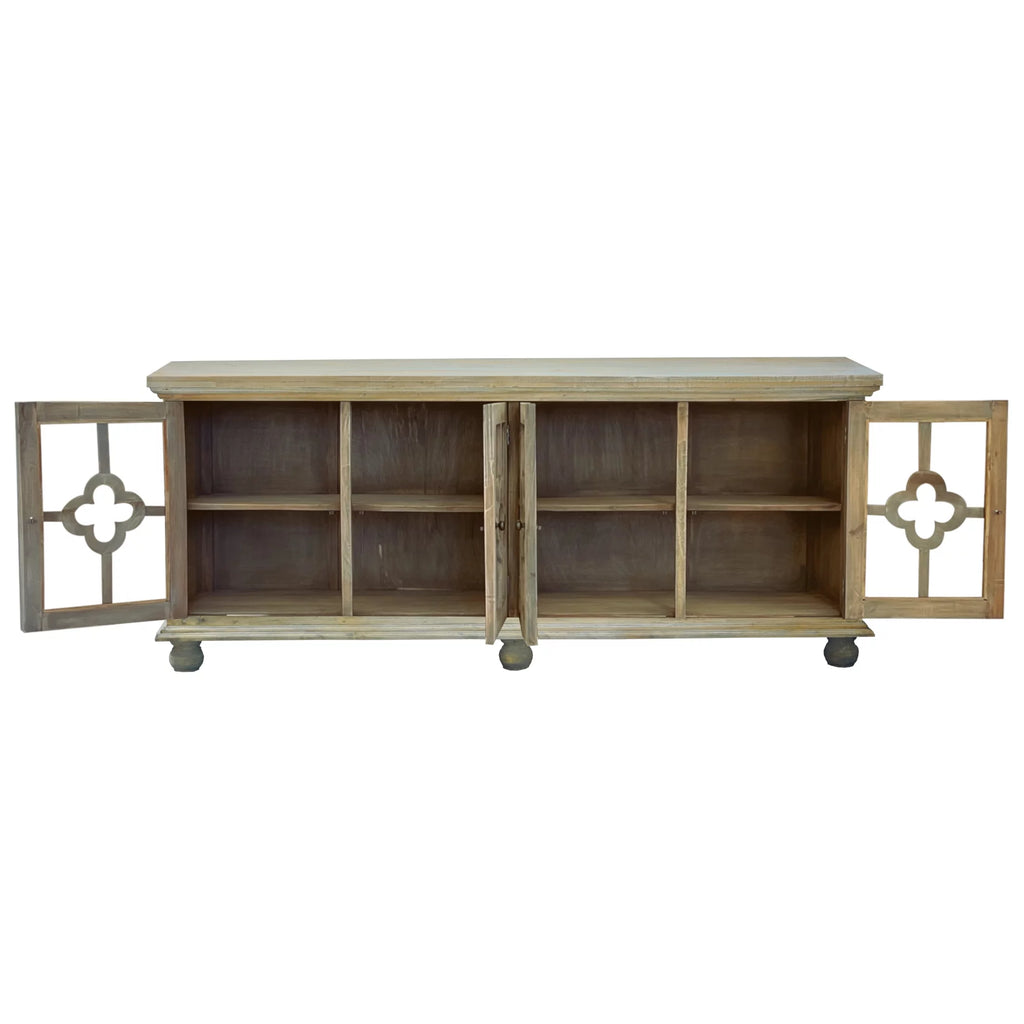 Glass Door Credenza Driftwood Brown Solid Wood Display Cabinet I46038