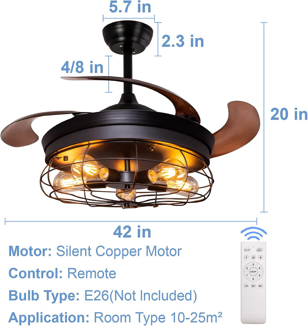 42'' Industrial Black Caged Ceiling Fan with Lights Remote Control E593288