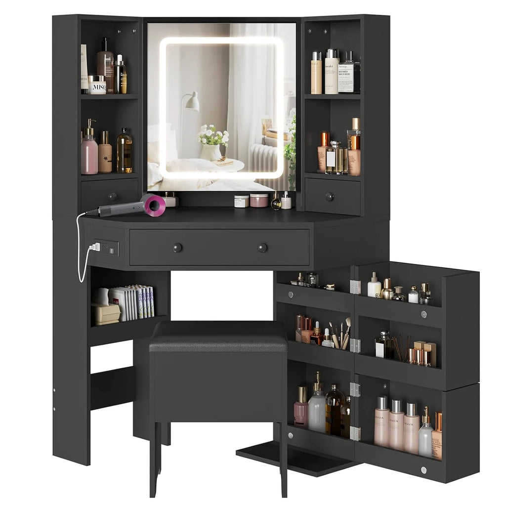 Black Corner Vanity Desk with Lighted Mirror and Storage Stool W8321