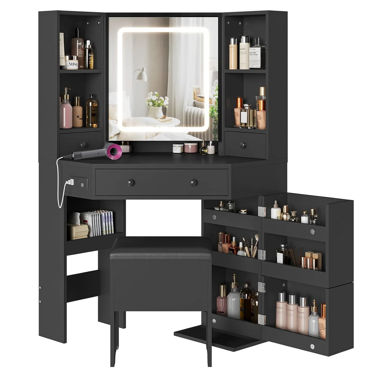 Black Corner Vanity Desk with Lighted Mirror and Storage Stool W8321