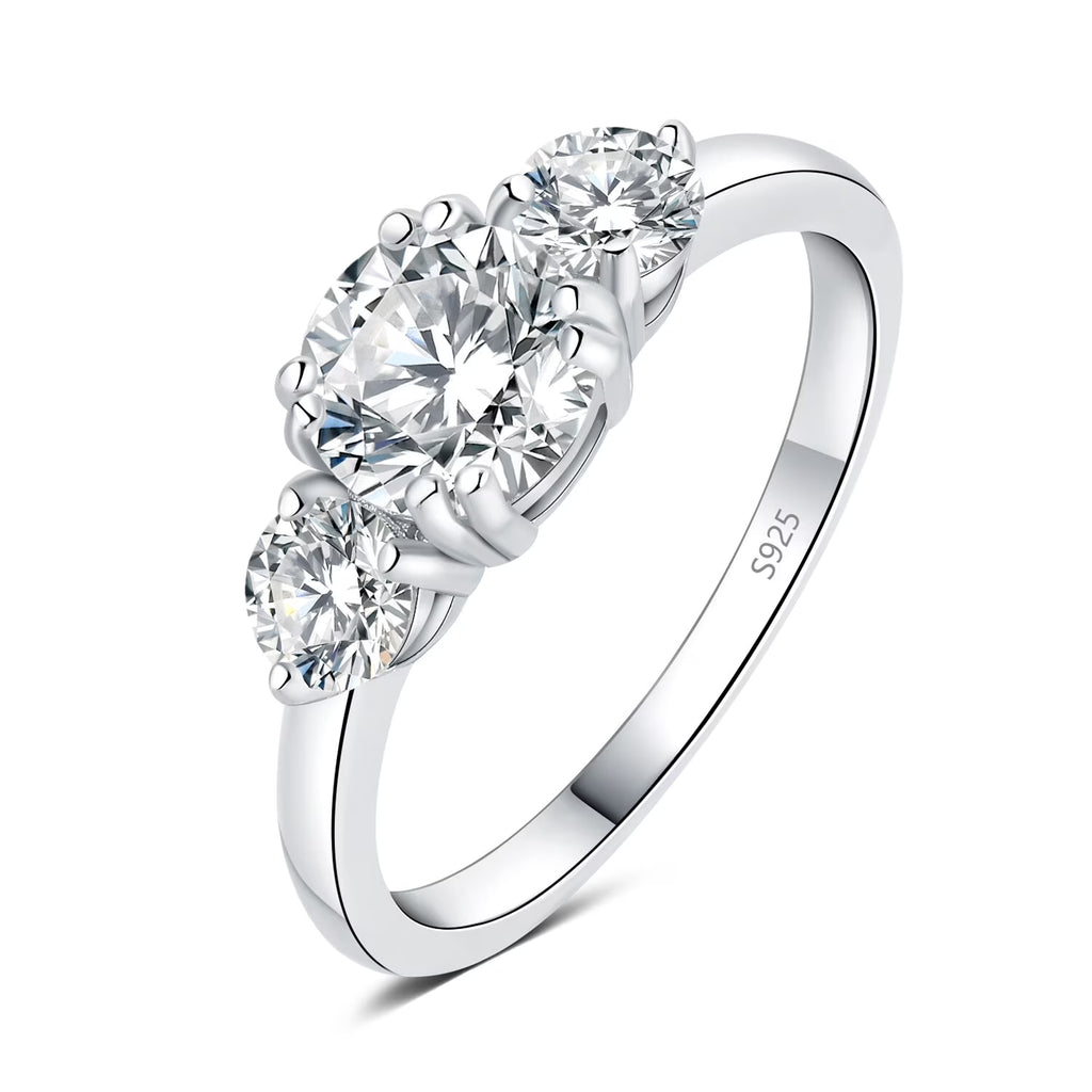 3 Stones 1ct Moissanite Engagement Ring, 925 Sterling Silver, Round Cut, Size 5-9 K255