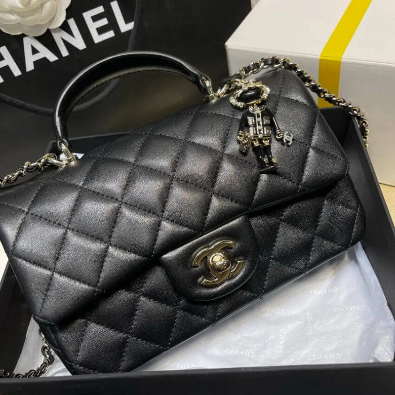 Black Lambskin Mini Flap Bag With Top Handle M7195