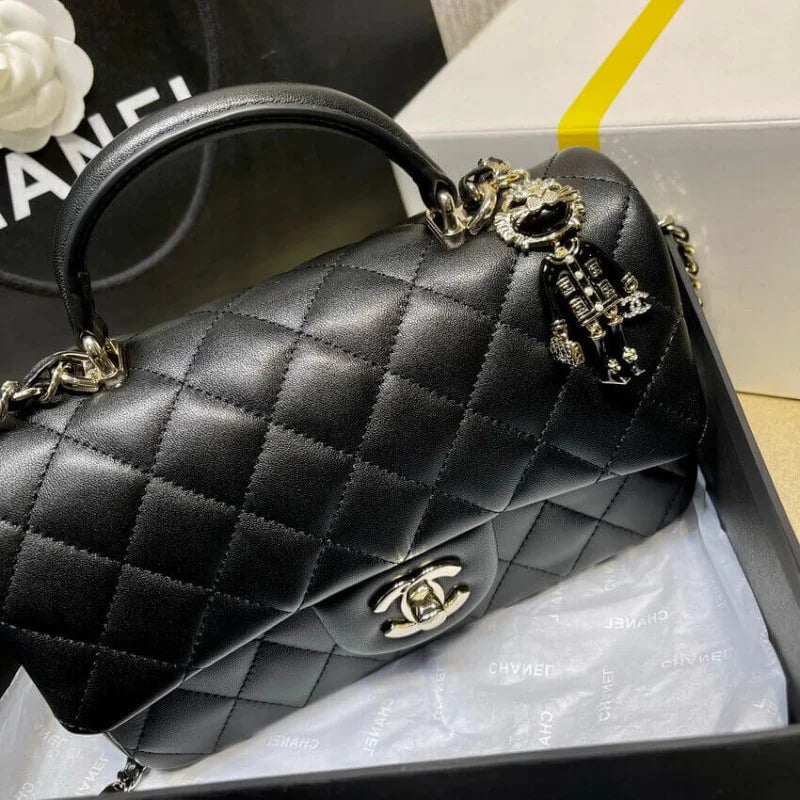 Black Lambskin Mini Flap Bag With Top Handle M7195