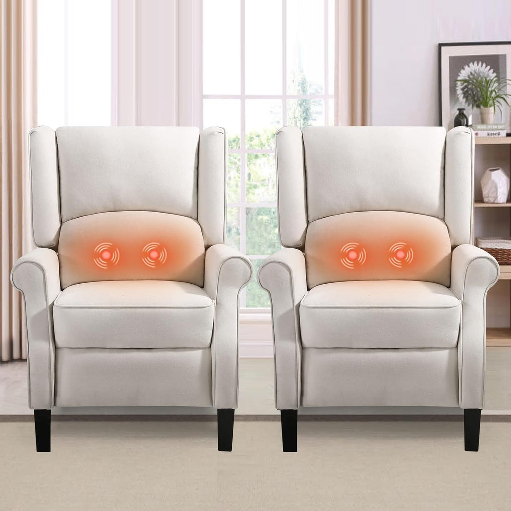 Set of 2 Beige Wingback Recliner Chair with Massage and Heat H981
