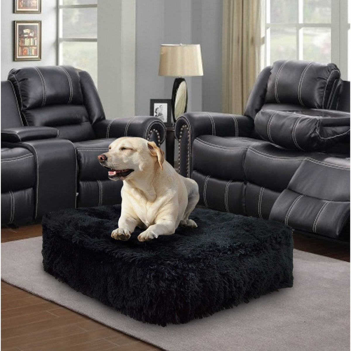 Large Black Faux Fur Rectangle Pet Bed E38281