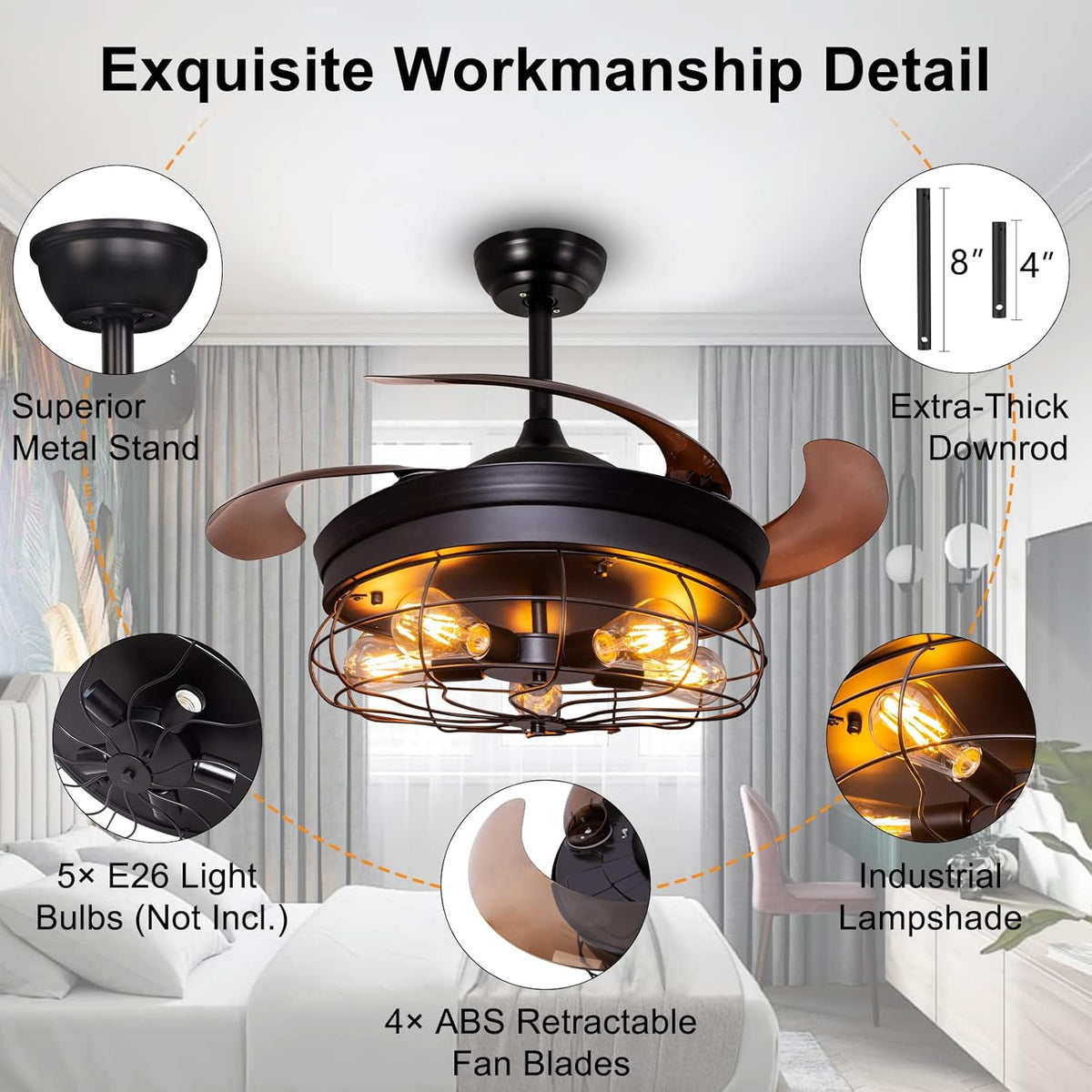 42'' Industrial Black Caged Ceiling Fan with Lights Remote Control E593288