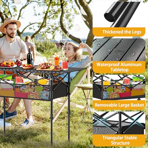 Height Adjustable Folding Camping Table with Mesh Storage and Carrying Bag B94444
