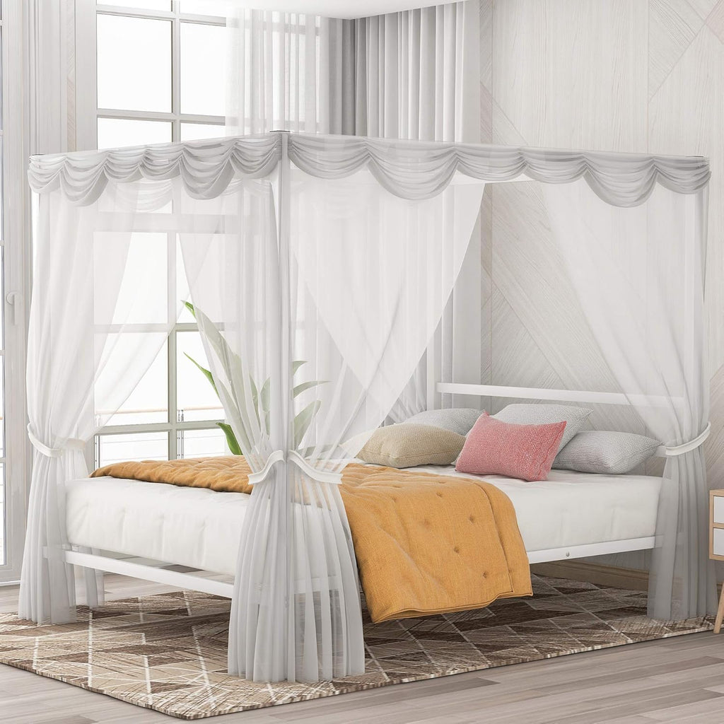 Queen Size Metal Canopy Bed Frame with Built-in Headboard D447962