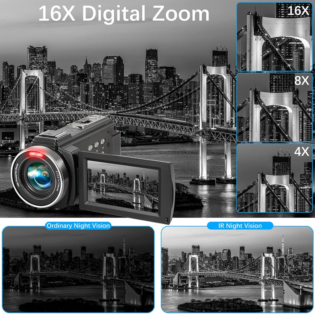 Camcorder 1080P Video Camera 36MP 3.0 Inch IPS Touch Screen IR Night Vision 16X Digital Zoom with External Microphone Handheld Stabilizer Remote Control T53274