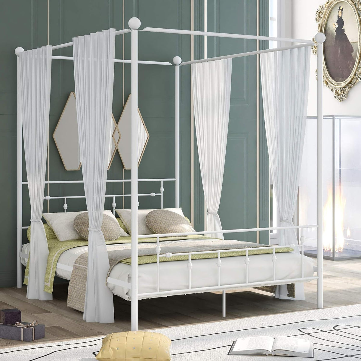 Queen Size Metal Canopy Bed Frame with Built-in Headboard D447962