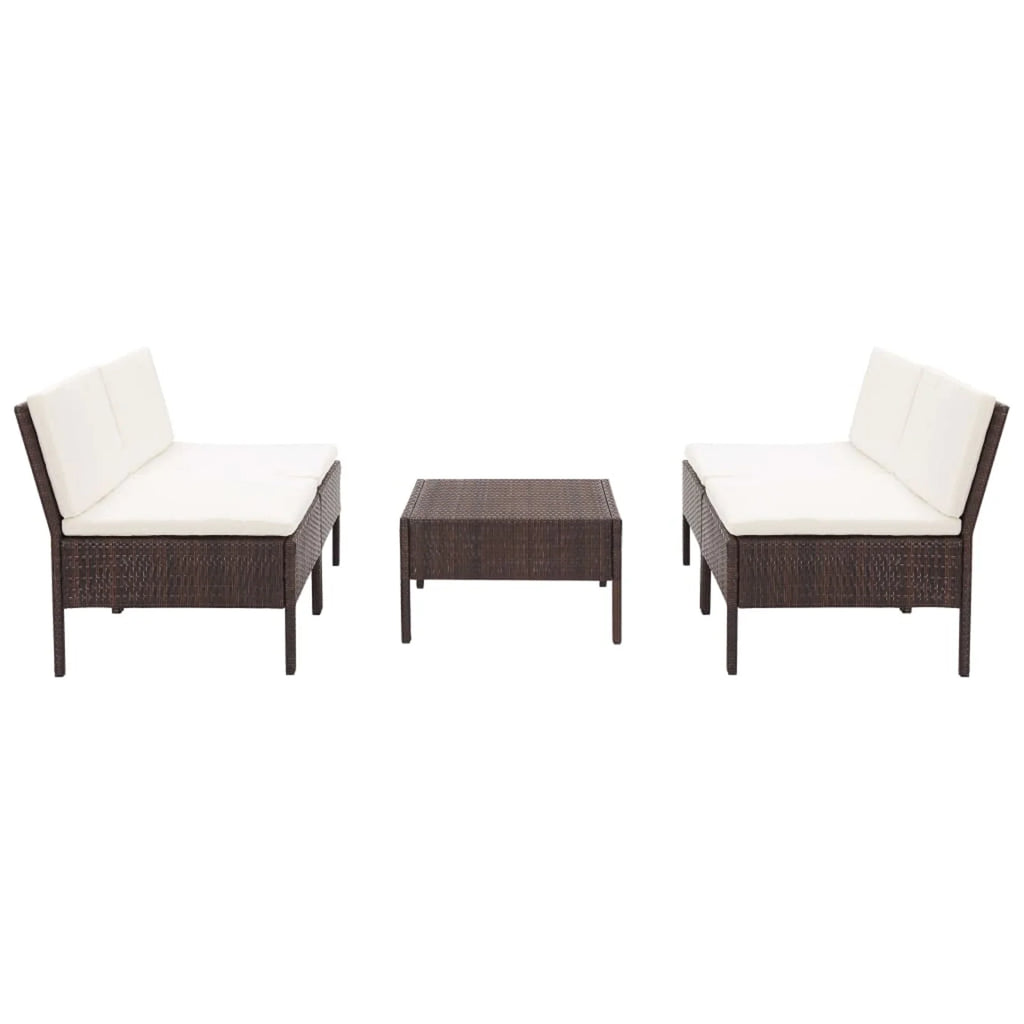 5 Piece Outdoor Conversation Set with White Cushion and Coffee Table Brown Poly Rattan E62126