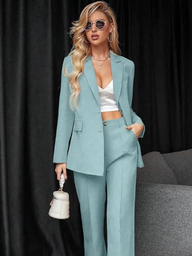 2 Piece Blazer Set Button Front Long Sleeve Blazer and Pants Solid Suits Set L8080
