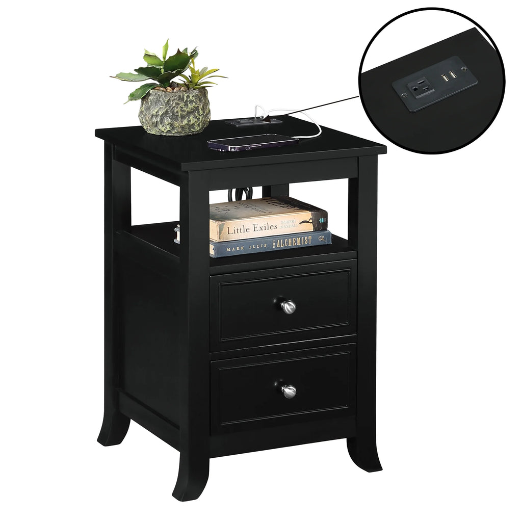 Black Two-Drawer End Table with Charging Station and Shelf S981542