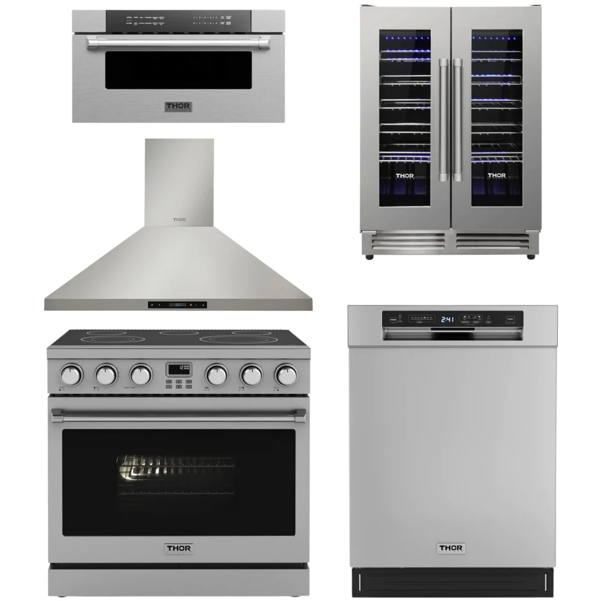 36 Electric Range, Range Hood, Dishwasher, Microwave and Wine Cooler Y53329