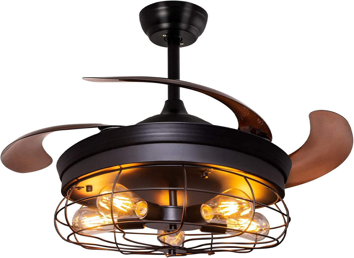 42'' Industrial Black Caged Ceiling Fan with Lights Remote Control E593288