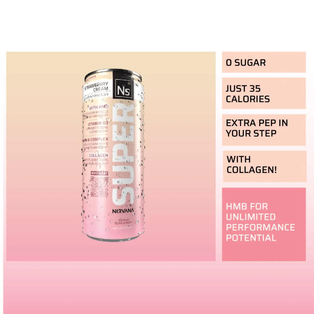 Strawberry Cream HMB-infused Seltzer with Vitamin D3, B-Complex, Caffeine, and Collagen (12 fl oz cans) S9246