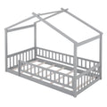 Twin Size Wood Floor Platform Bed with Fence Guardrails and House Roof Gray Y3689