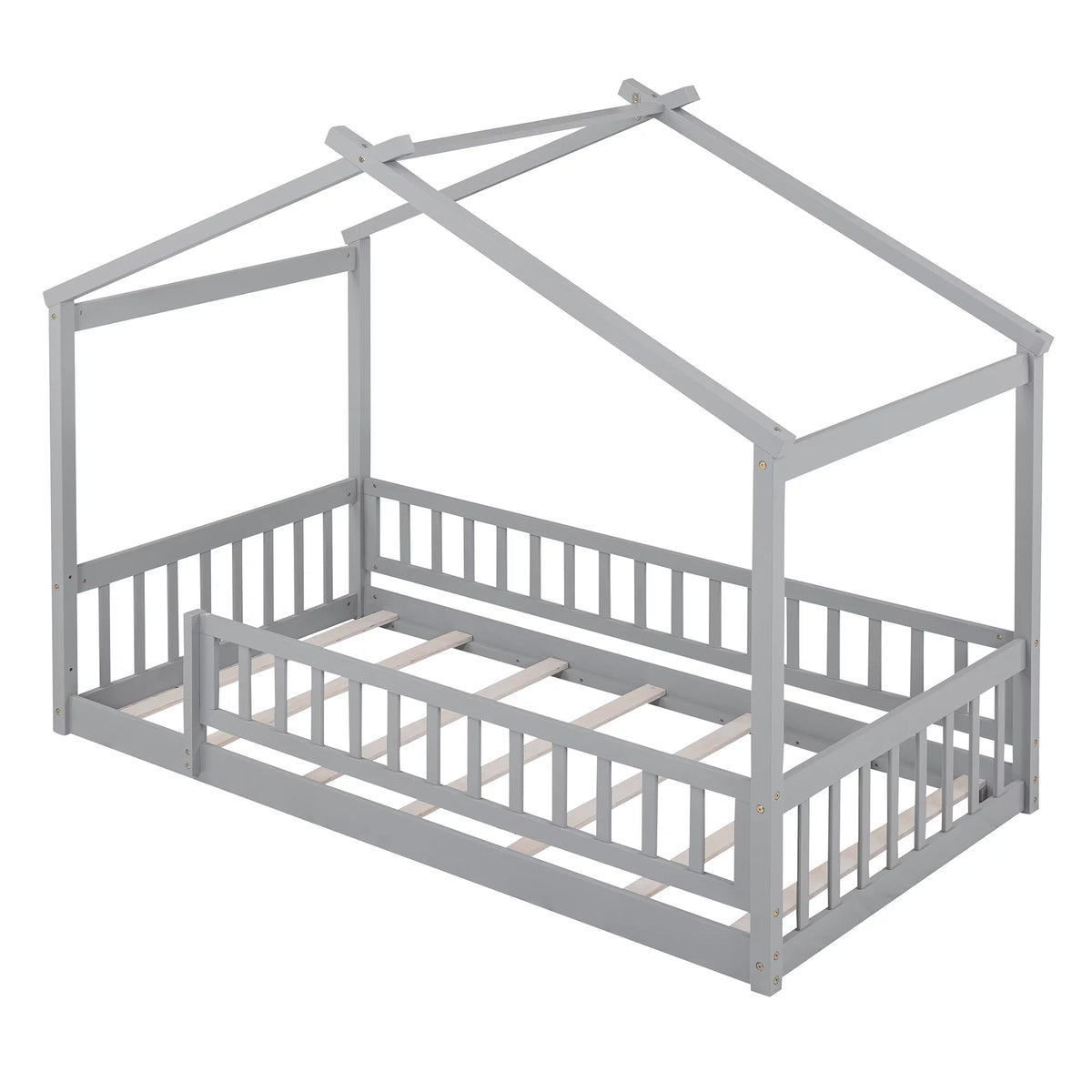 Twin Size Wood Floor Platform Bed with Fence Guardrails and House Roof Gray Y3689