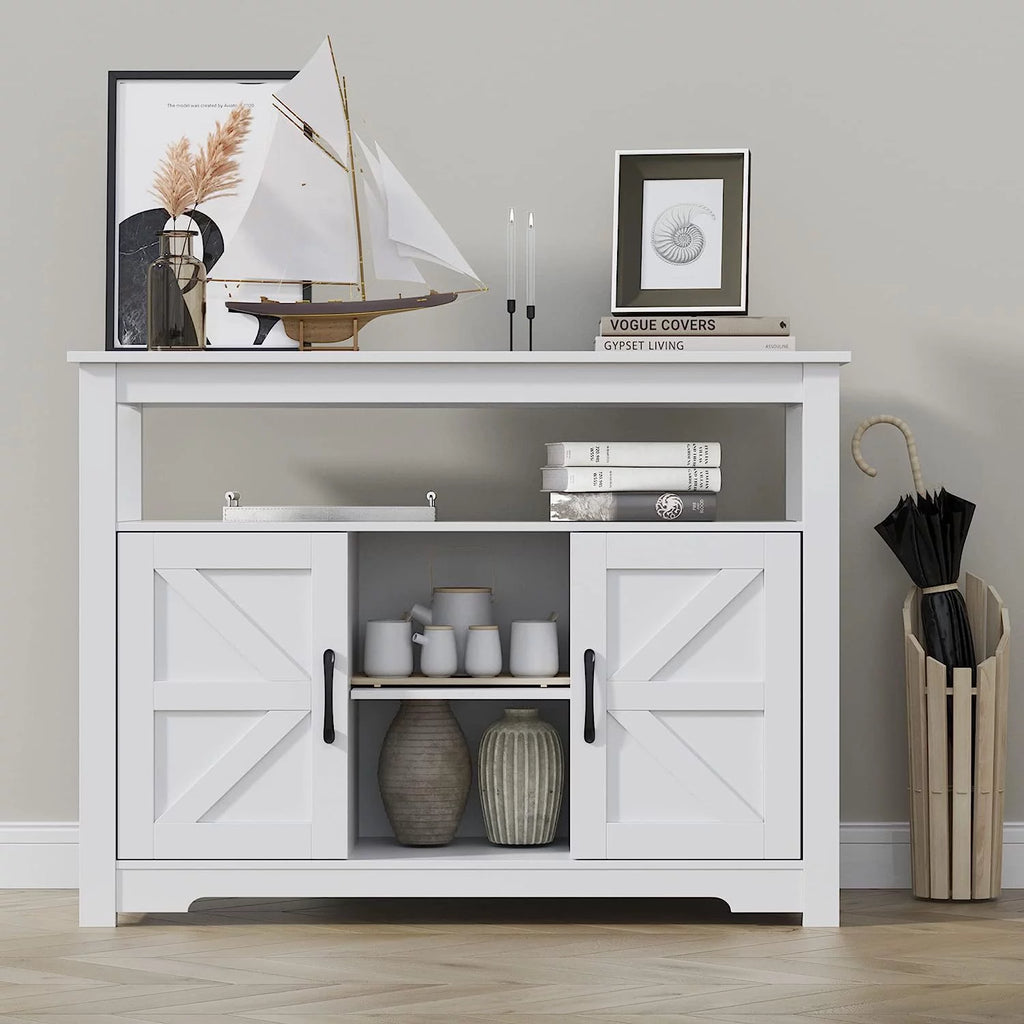White Farmhouse Kitchen Buffet Storage Cabinet with Doors and Adjustable Shelves F536