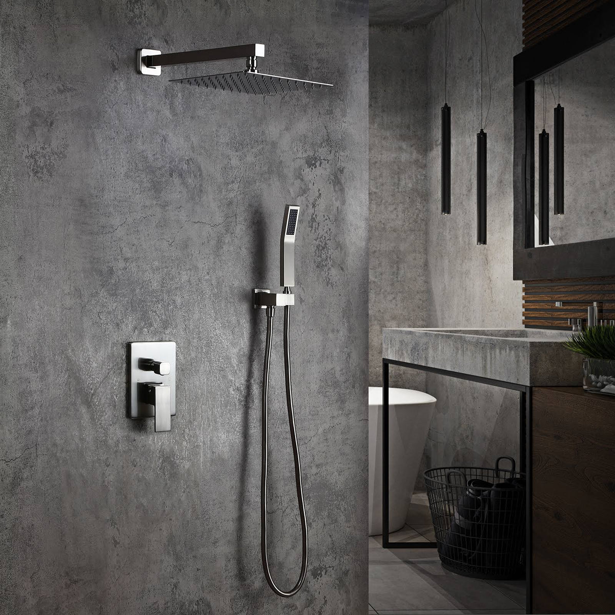 Brushed Nickel 10x22 Shower Set Rainfall Shower Head Handheld Spray C1577