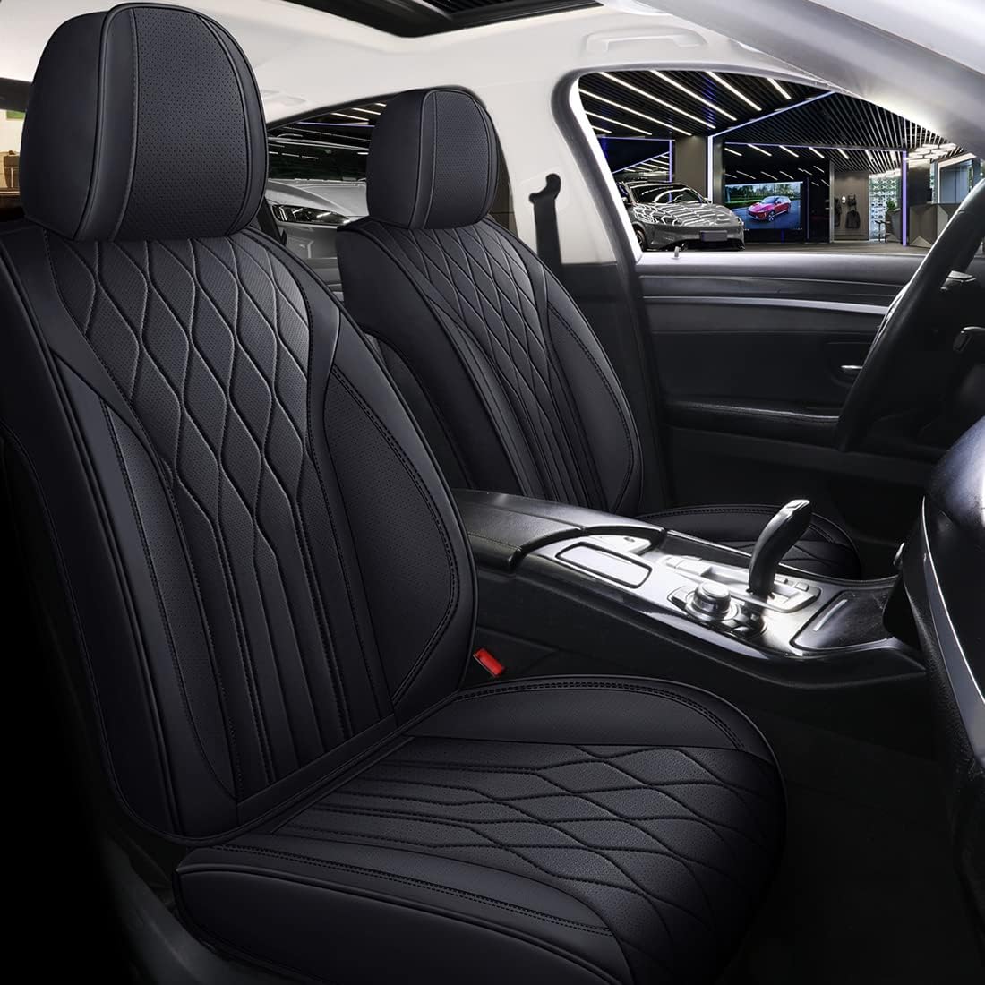 Blue Faux Leatherette Car Seat Covers 6pcs Front J156