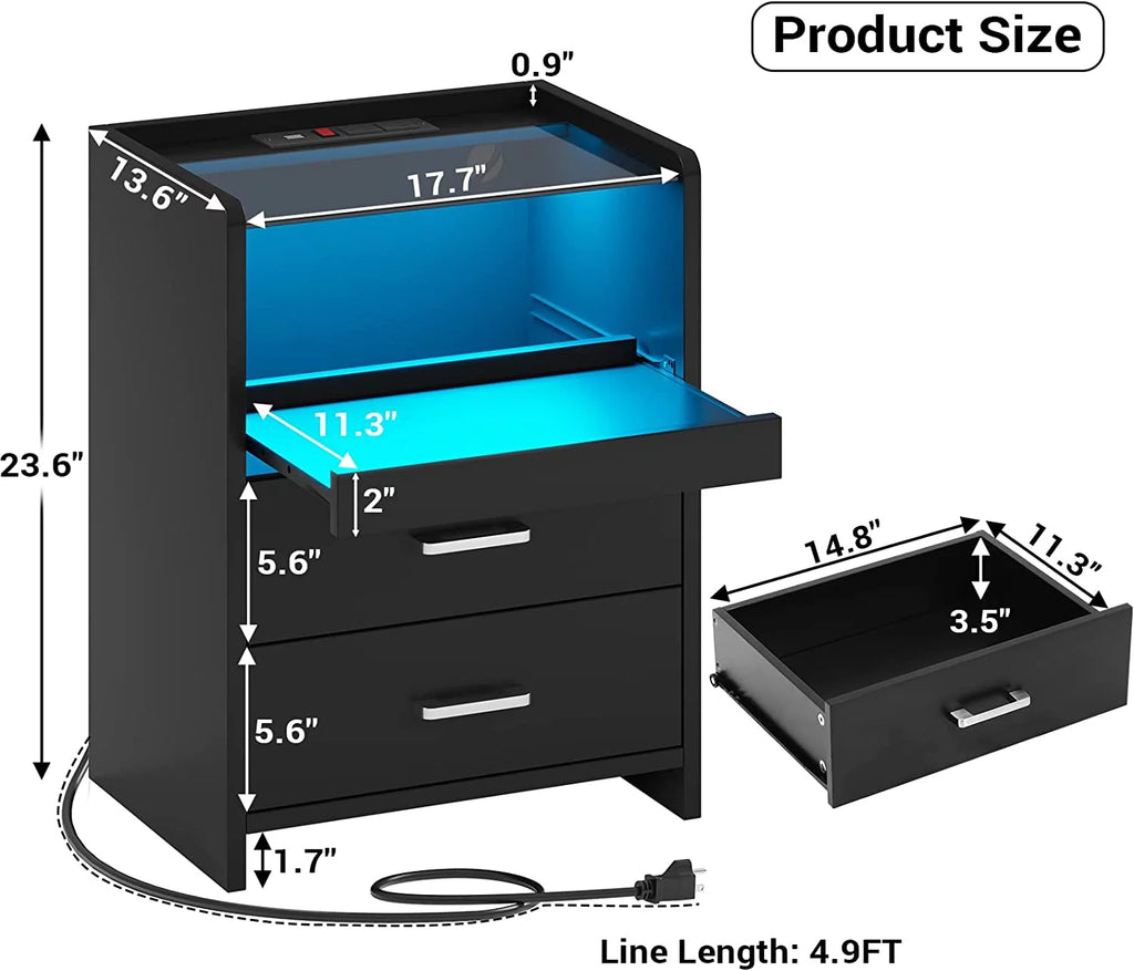 Black Nightstand with LED Lights and Charging Station L680