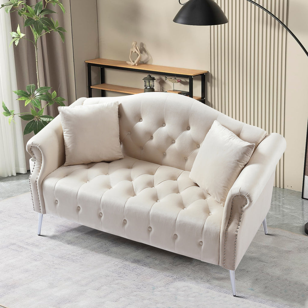 Beige Velvet Button Tufted Loveseat Sofa with Roll Armrest and Metal Legs Z8643