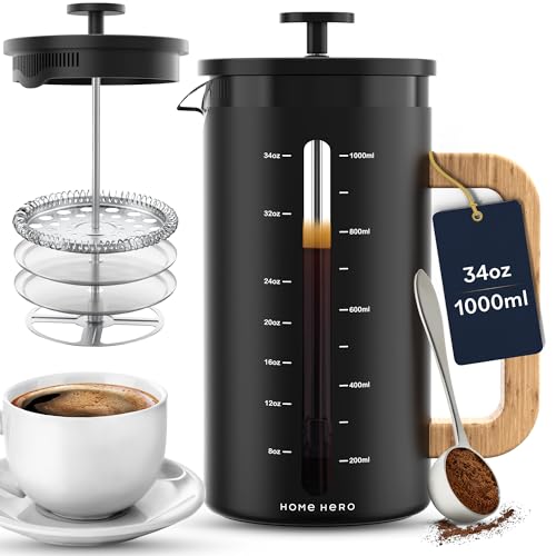 34 oz French Press Coffee Maker with Bamboo Wood Handle Borosilicate Glass R6372
