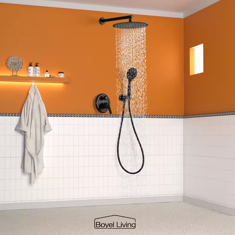 12 in. Wall Mount Dual Shower Heads with Valve in Matte Black W286347