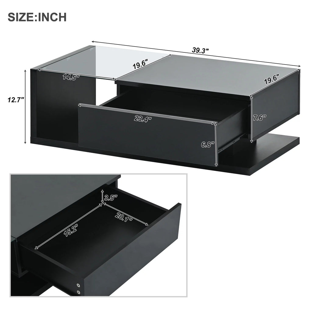 39.3" Black 2-Tier Coffee Table with Tempered Glass W869