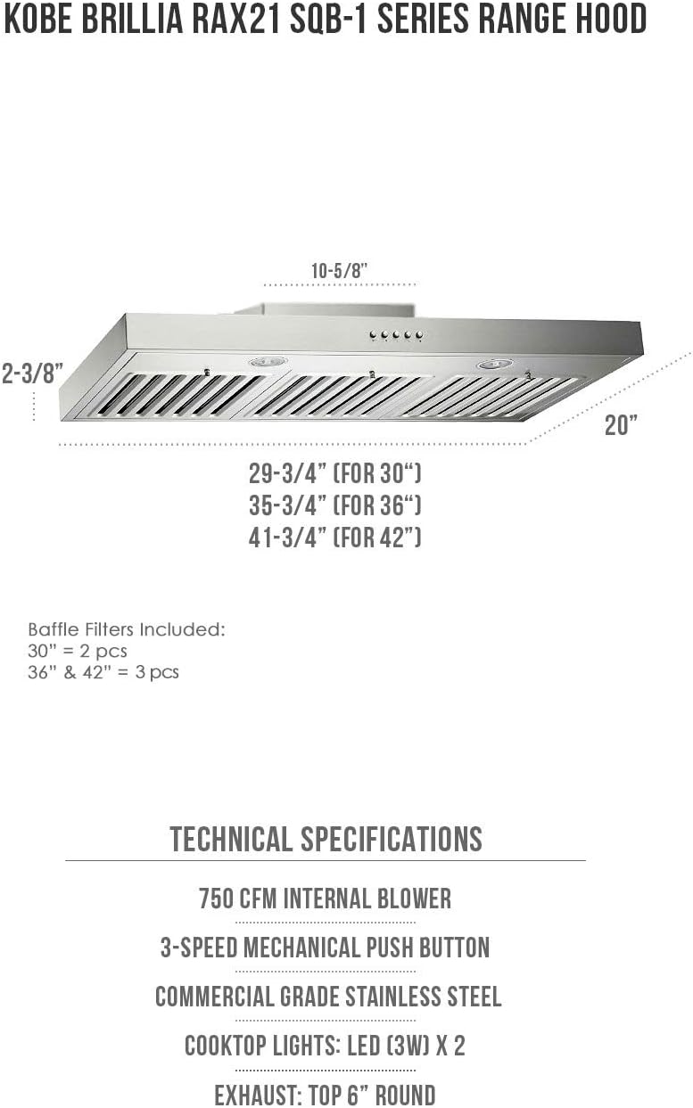 36-inch Under Cabinet Range Hood, 3-Speed, 750 CFM, Baffle Filters P143