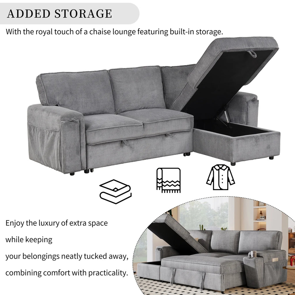 5 Seat Corduroy Fabric Sleeper Sectional Sofa with Storage Ottomans O110663