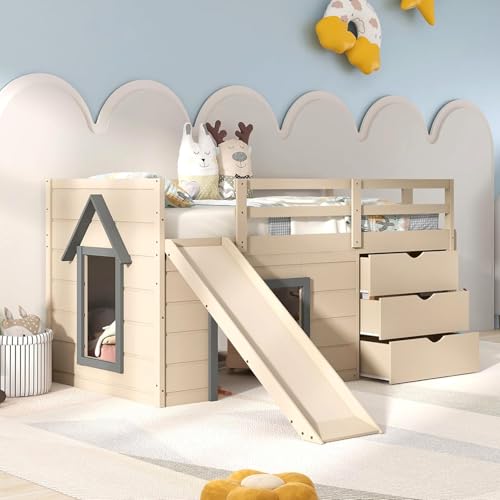 Twin Low Loft Bed with 3 Storage Drawers, Wood Loft Bed with Slide, Ladder, Guardrails A327137