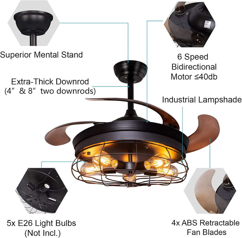 42'' Industrial Black Caged Ceiling Fan with Lights Remote Control E593288